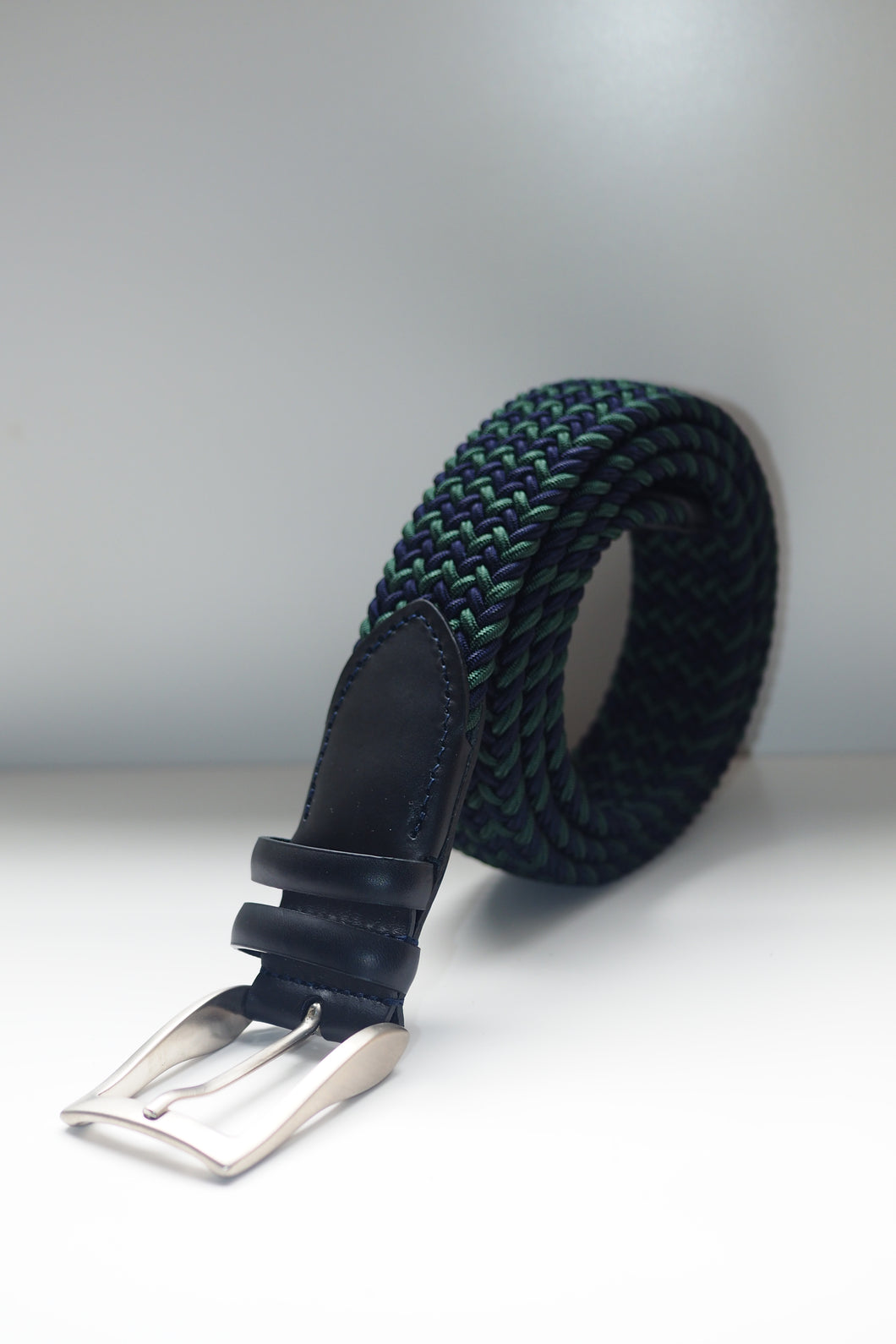 GREEN & NAVY Woven Elasticated Belt with Navy and Leather Trim